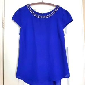 Royal blue top with jewel collar detail, women's size small shirt sleeve